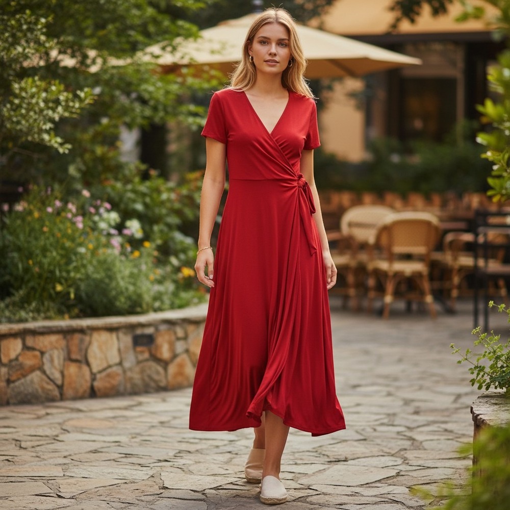 Perceptions New York Womens Red Faux Wrap Knot Side Midi Dress PC108981JX L